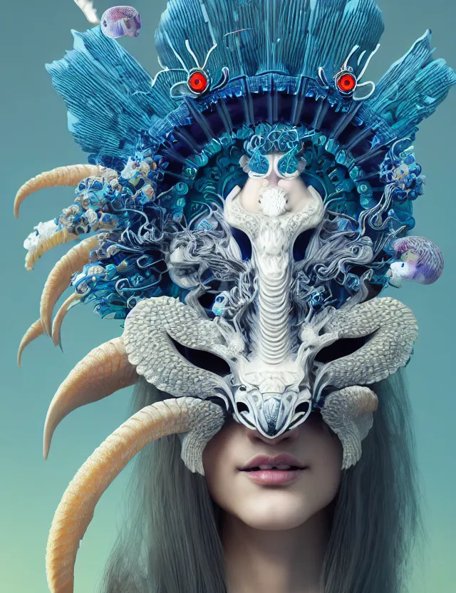 Image similar to 3 d goddess close - up frontal portrait with ram skull. beautiful intricately detailed japanese crow kitsune mask and clasical japanese kimono. betta fish, jellyfish phoenix, bio luminescent, plasma, ice, water, wind, creature, artwork by tooth wu and wlop and beeple and greg rutkowski