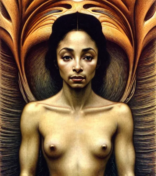 Image similar to detailed realistic beautiful young sade adu face portrait by jean delville, gustave dore and marco mazzoni, art nouveau, symbolist, visionary, gothic, pre - raphaelite. horizontal symmetry by zdzisław beksinski, iris van herpen, raymond swanland and alphonse mucha. highly detailed, hyper - real, beautiful