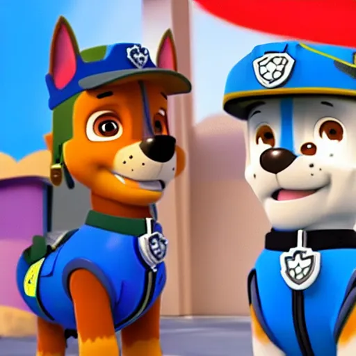 Prompt: still from paw patrol with chase from paw patrol making a goofy face