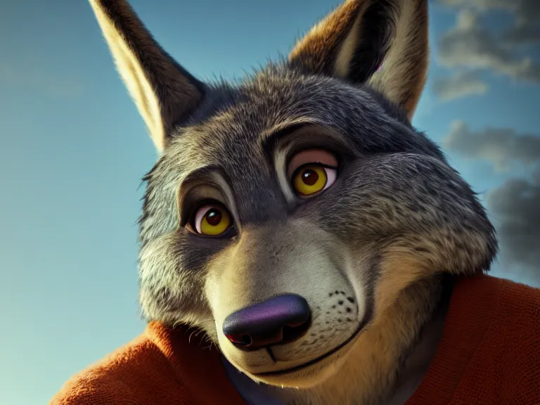 Prompt: a film still from zootopia main character portrait anthro anthropomorphic wolf guard head animal person fursona pixar disney animation sharp rendered in unreal engine 5 anime key art by greg rutkowski bloom dramatic lighting modeling beginner render