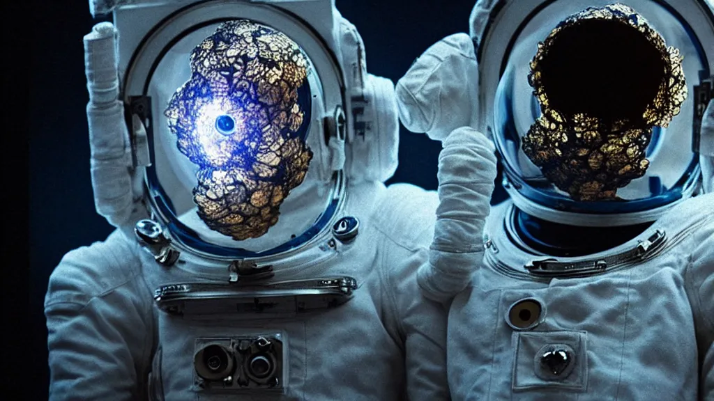 Image similar to a single astronaut eva suit made of diamond 3d fractal lace iridescent bubble 3d skin and covered with insectoid compound eye camera lenses floats through the living room, film still from the movie directed by Denis Villeneuve with art direction by Salvador Dalí, wide lens,