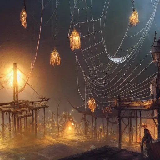 Image similar to a tiny miniscule town living on the thread of a spiders web, fantasy concept art, trending on art station, stunning visuals, creative, cinematic, ultra detailed