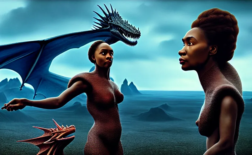 Image similar to realistic detailed photorealistic film portrait shot of a beautiful black woman with, sci-fi landscape with a drogon on background by Denis Villeneuve, Amano, Yves Tanguy, Alphonse Mucha, Ernst Haeckel, Andrei Tarkovsky, Edward Robert Hughes, Roger Dean, rich moody colours, wide angle, blue eyes