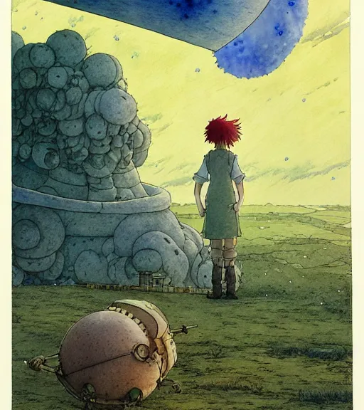 Image similar to hyperrealist studio ghibli watercolor fantasy concept art of an immense ufo from howl's moving castle sitting on stonehenge like a stool. it is a misty starry night. by rebecca guay, michael kaluta, charles vess