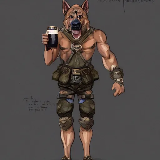 Image similar to a humanoid german shepherd beast - man in military style, holding a bottle of beer, artstation, concept art, smooth, sharp foccus ilustration, artstation