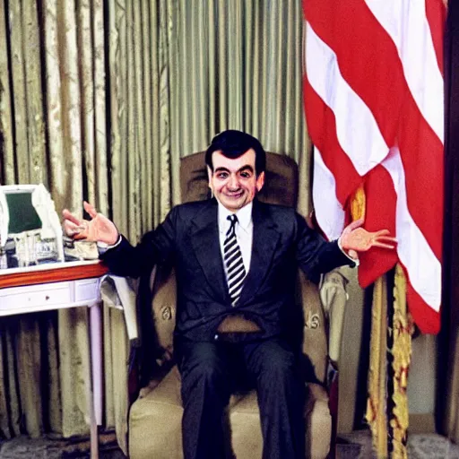 Image similar to Mr Bean elected as the president of the United States, 1980 colour photo