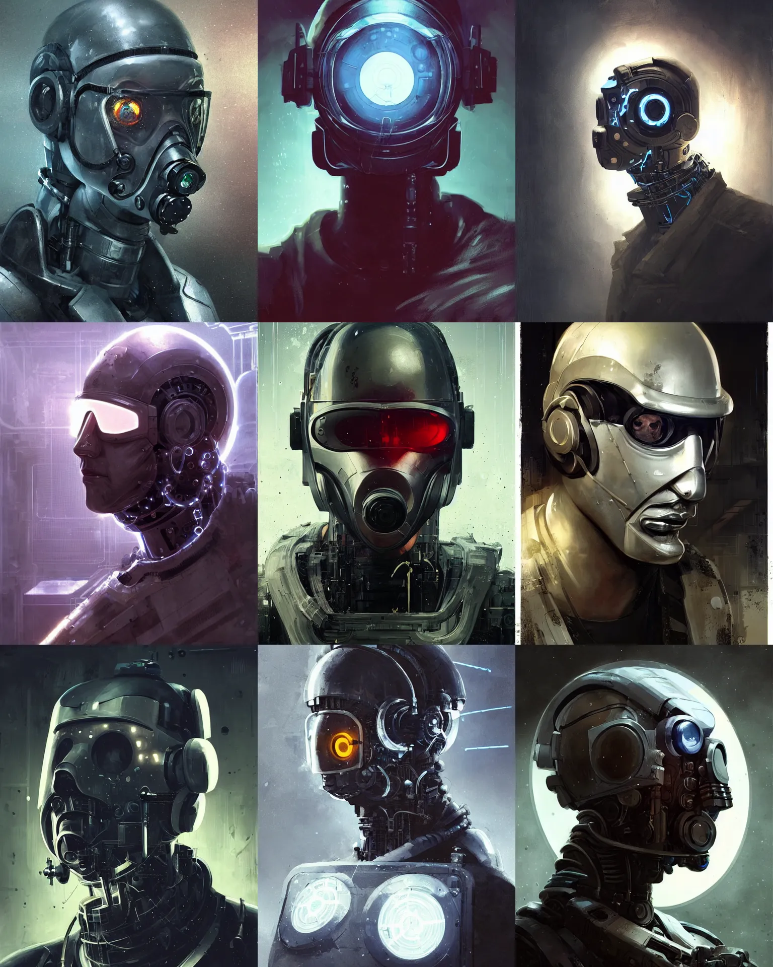 Image similar to a masked laboratory technician man with cybernetic enhancements seen from a distance, scifi character portrait by greg rutkowski, craig mullins, 1 / 4 headshot, cinematic lighting, dystopian scifi outfit, profile picture, mechanical, cyborg, half robot