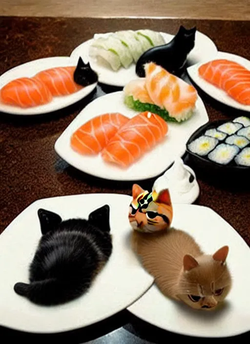 Image similar to clear photorealistic picture of adorable cats made out of sushi