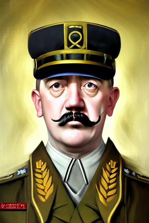 Image similar to baroque oil painting of key visual portrait concept art of hitler as anime girl, with mustache, military nazi ss uniform, brutalist, dark fantasy, rule of thirds golden ratio, fake detail, trending pixiv fanbox, acrylic palette knife, style of makoto shinkai studio ghibli genshin impact jamie wyeth james gilleard greg rutkowski