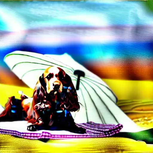 Image similar to cute brown spaniel by the seaside, parasols, bright towels, Coco Dávez style