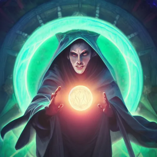 Image similar to a warlock is casting a magic spell while with magic orb floating in his hand , dynamic pose, chromatic aberration , medium level shot, Mucha style , Grim fantasy, illustration ,concept art,