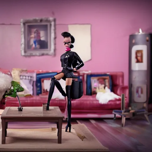 Prompt: amazing beautiful Spy from Team Fortress 2 barbie doll wearing leather in the living room, film still from the movie directed by Denis Villeneuve , wide lens