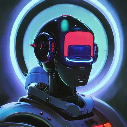 Image similar to a dark and colorful close - up side profile portrait of a sci - fi mecha robot with led lights glowing fog in the background. highly detailed science fiction painting by norman rockwell, frank frazetta, and syd mead. rich colors, high contrast, gloomy atmosphere, dark background. trending on artstation