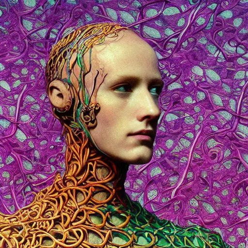 Image similar to A colorful, detailed print - A portrait of a robot composed entirely of flowers and vines. by Arnold Bocklin and Barclay Shaw, masterful print. 4k, unreal engine stunning Art Nouveau