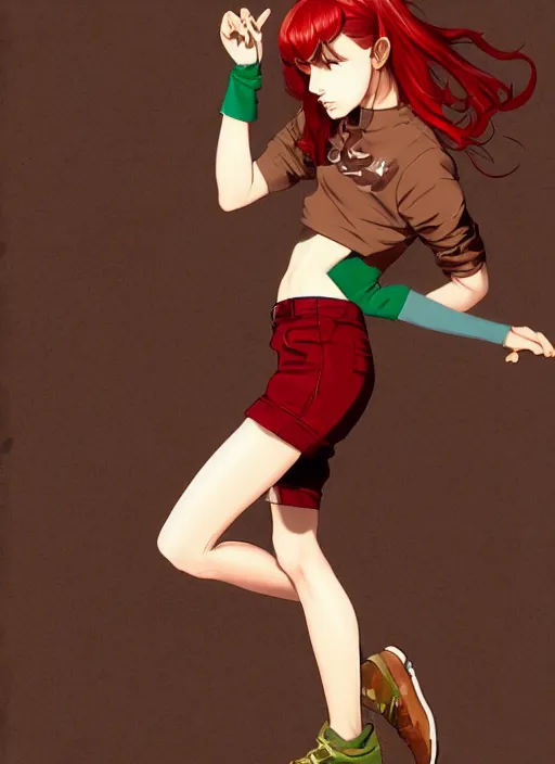 Image similar to full-body shot of an attractive tomboy girl with long, crimson red hair and red eyes, wearing a brown, open jacket and green jeans with a stern look, midriff, concept art, character design, by WLOP, by Ross Draws, by Tomine, by Satoshi Kon, by Rolf Armstrong