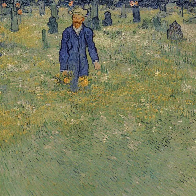 Image similar to Portrait of a drunk man in a cemetery full of flowers. Joy of Life. Painting by Vincent van Gogh.