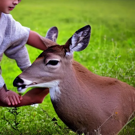 Image similar to a deer being pet by a little boy, cinematic scene