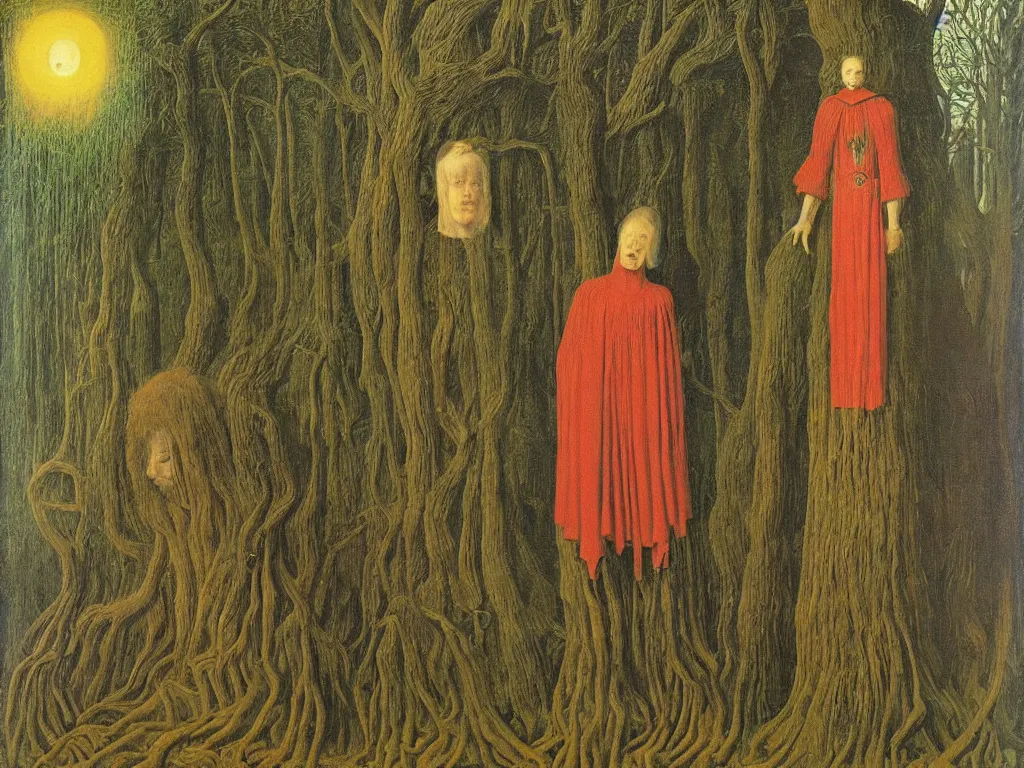 Image similar to Portrait of melancholic non gendered person coming from the future in spiked cloth. Background with the giant totemic forest. Sleepless night. Painting by Jan van Eyck, Rene Magritte, Jean Delville, Max Ernst, Maria Sybilla Merian