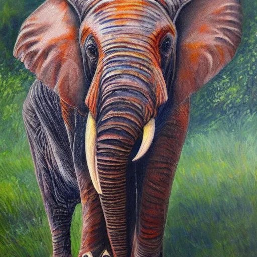 Prompt: hybrid animal elephant with tiger stripes detailed oil painting 4k