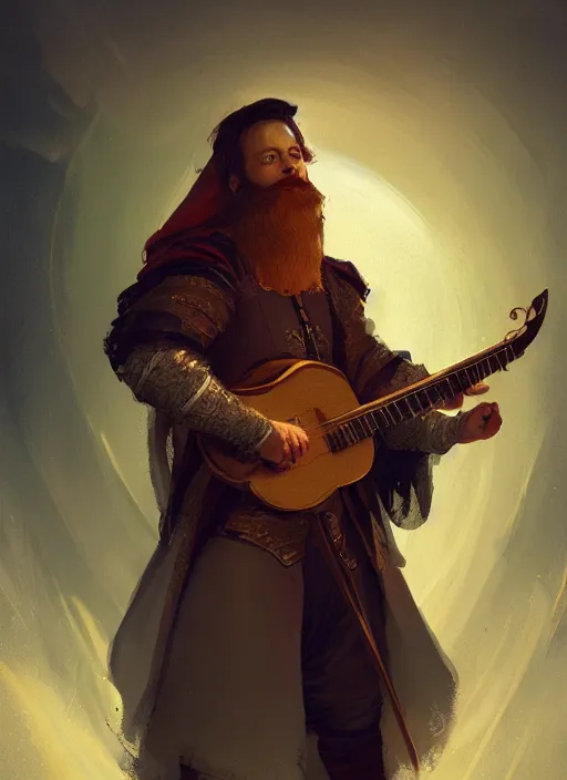 Image similar to illustration of michael j fox as a bard dressed in renaissance clothing with a big beard, by greg rutkowski artstation