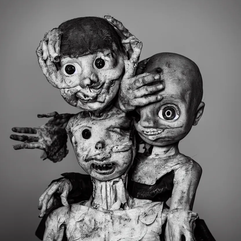 Image similar to creepy ventriloqiest dummy in the style of Roger Ballen, 4k, bw, portrait