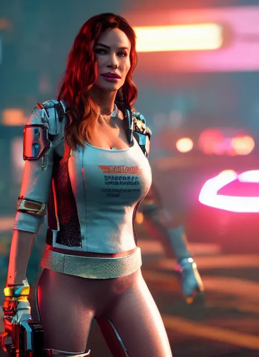 Prompt: film still of Sofia Vergara as Panam Palmer in Cyberpunk 2077, gameplay, 8k, HD