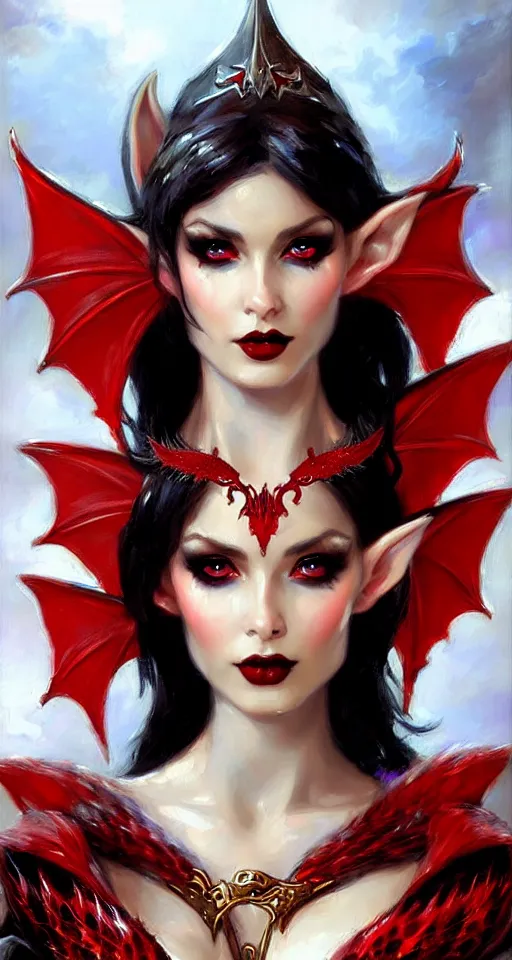 Image similar to Gothic elf princess in red dragon armor by Konstantin Razumov, face close up