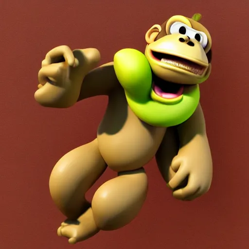 Prompt: Donkey Kong slips on a banana, 3D render, detailed clay model