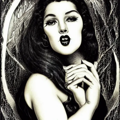 Image similar to a hyperrealistic portrait painting of a beautiful female vampire, by virgil finlay, highly detailed,