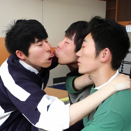 Image similar to japanese college boy kissing a korean college boy