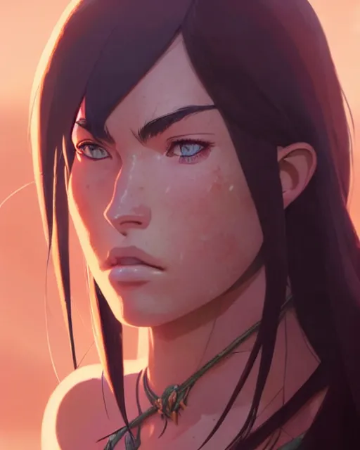 Image similar to azctec warrior, megan fox, detailed perfect face, exquisite details, fire magic, by studio muti, greg rutkowski makoto shinkai takashi takeuchi studio ghibli