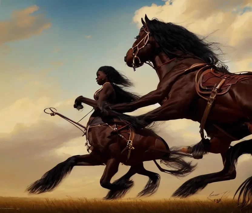 Image similar to full body portrait of beautiful black woman riding a clydesdale, cinematic, highly detailed, digital painting, artstation, concept art, smooth, sharp focus, illustration, face by wlop, illustrated by mars ravelo and greg rutkowski