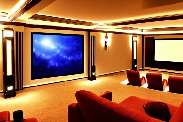 Prompt: very wide view of a modern home movie theater with giant projector screen!!, detailed art deco decoration!, wall lights, plant, popcorn machine, very very beautiful watercolor painting!!!, trending on artstation