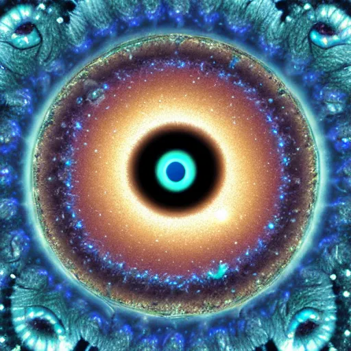 Image similar to an eyeball that contains multiple galaxies within the pupil, surrounded by a sea of iridescent pearls, in a dreamlike atmosphere, beautiful, dazzling, ultra hd 4k fractal intricate high detail render, high quality resolution