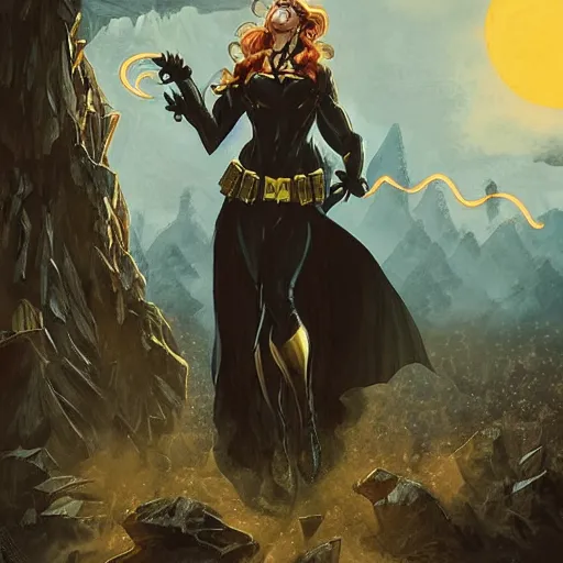 Prompt: Batman, Female Mage conjuring a spell, realistic, ultra detailed, menacing, powerful, dark, golden hour, forest, mountains in the background concept art Ross Tran