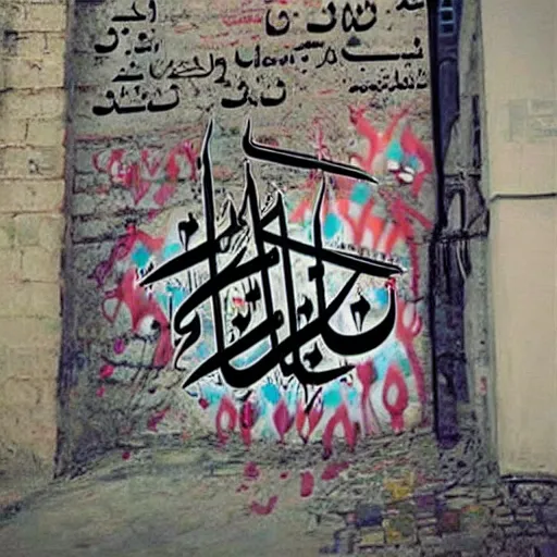 Image similar to arabic calligraphy, transylvanian folk art, in the style of graffiti, made by banksy