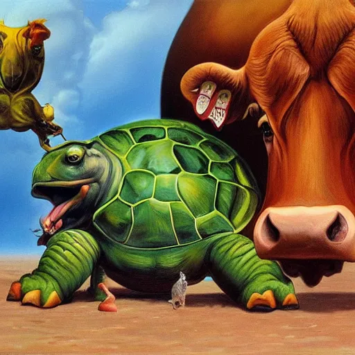 Image similar to a cow with turtle costume, surrealism, painting by boris vallejo and michael whelan