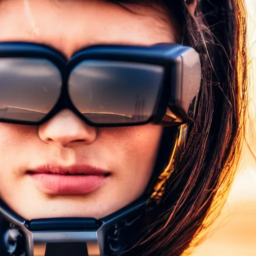 Image similar to photographic portrait of a techwear woman, closeup, on a desert road with a futuristic city in the horizon, sigma 85mm f/1.4, 4k, depth of field, high resolution, 4k, 8k, hd, full color