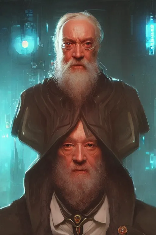 Prompt: portrait of cyborg Dumbledore in cyberpunk, neon lighting, night city, digital art from artstation by Ruan Jia and Mandy Jurgens and Artgerm and william-adolphe bouguereau and Greg Rutkowski