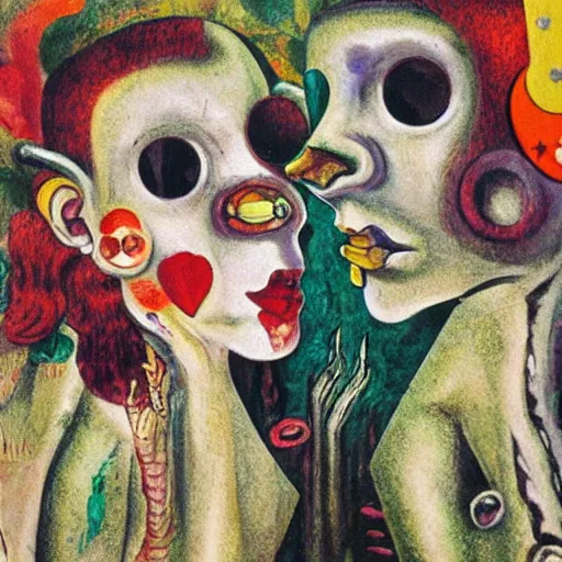 Prompt: acrylic painting by otto dix of a closeup of bizarre psychedelic femme creatures kissing each other, speculative evolution, exobiology