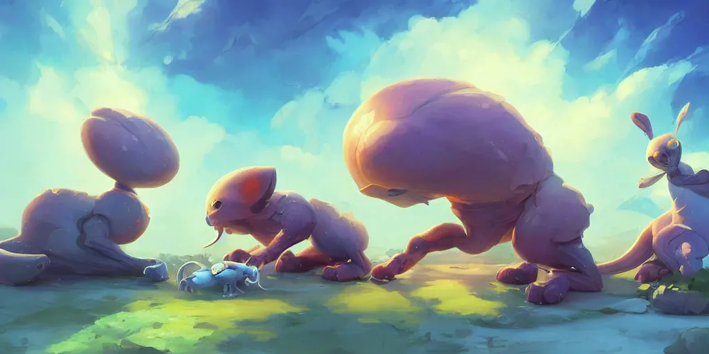 Image similar to Aesthetic landscape painting of cute alien animals playing with each other , cgsociety, fantasy art, concept art , ambient occlusion, behance hd , concept art by Jesper Ejsing, by RHADS, Makoto Shinkai Cyril Rolando