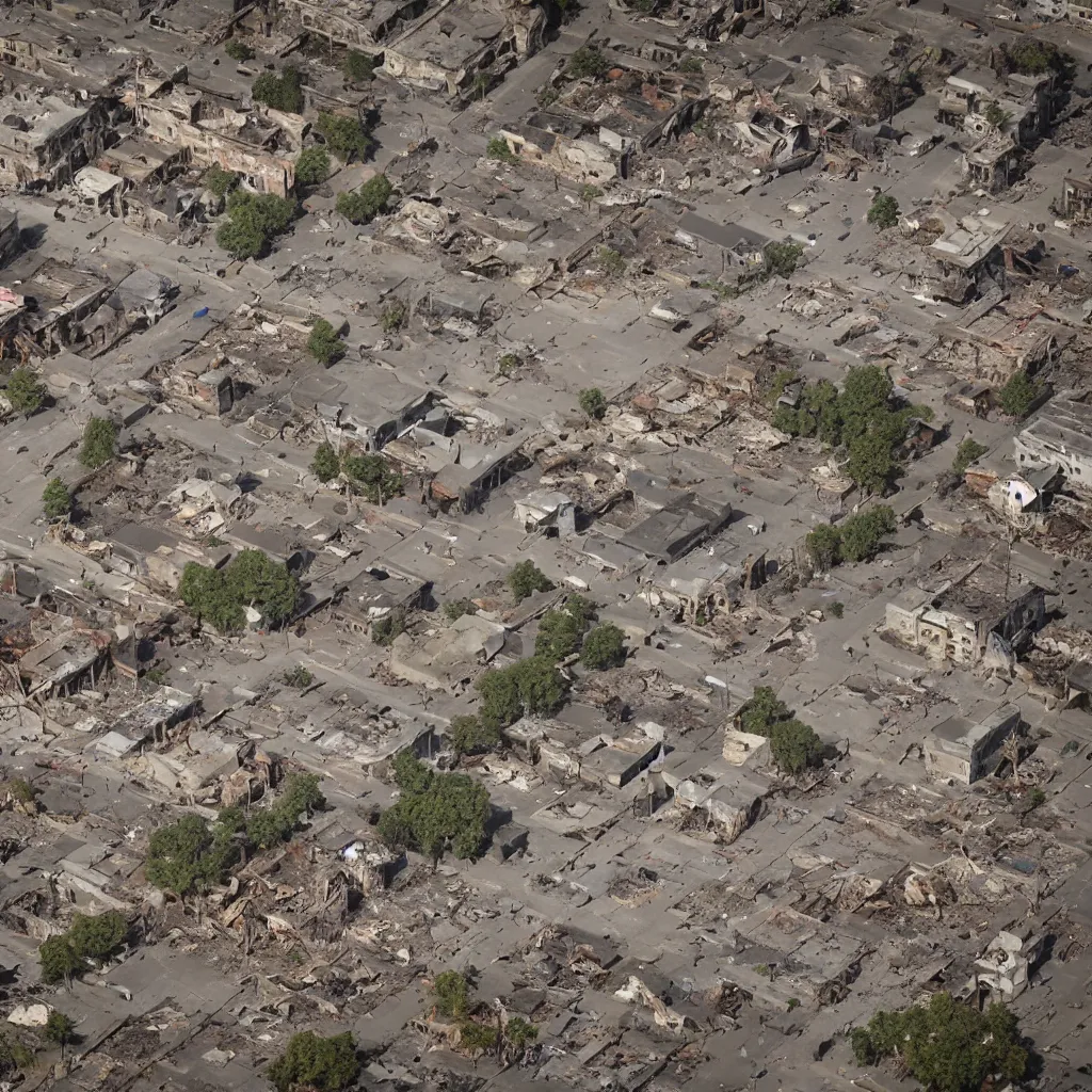 Image similar to top down aerial view of dilapidated city square in real life, desolate with zombies, dilapidated, zombies in the streets, nightmarish, some rusted style parked vehicles, sunny weather, few clouds, volumetric lighting, photorealistic, daytime, autumn, sharp focus, ultra detailed, cgsociety