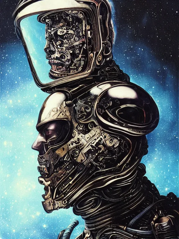 Image similar to art portrait of a chaos space king, decaying, galaxy reflected in helmet, giger,8k,by tristan eaton,Stanley Artgermm,Tom Bagshaw,Greg Rutkowski,Carne Griffiths, Ayami Kojima, Beksinski, Giger,trending on DeviantArt,face enhance,hyper detailed,minimalist,cybernetic, android, blade runner,full of colour,