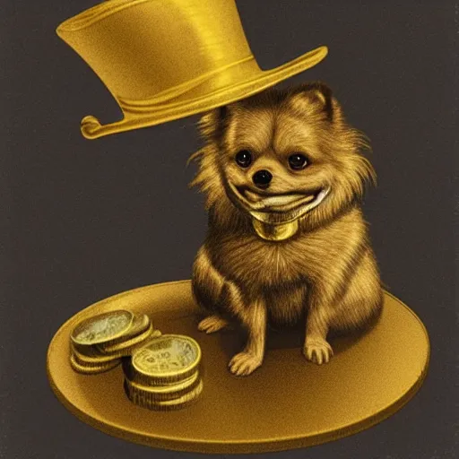 Prompt: A gold pomeranian wearing a top-hat and monocle, sitting on a pile of gold coins