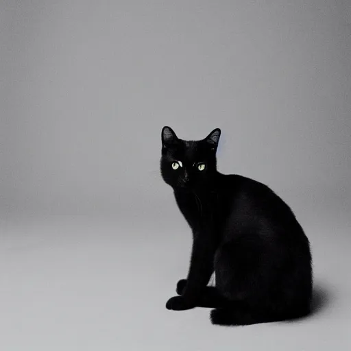 Prompt: studio photograph of a black cat sitting in a white room