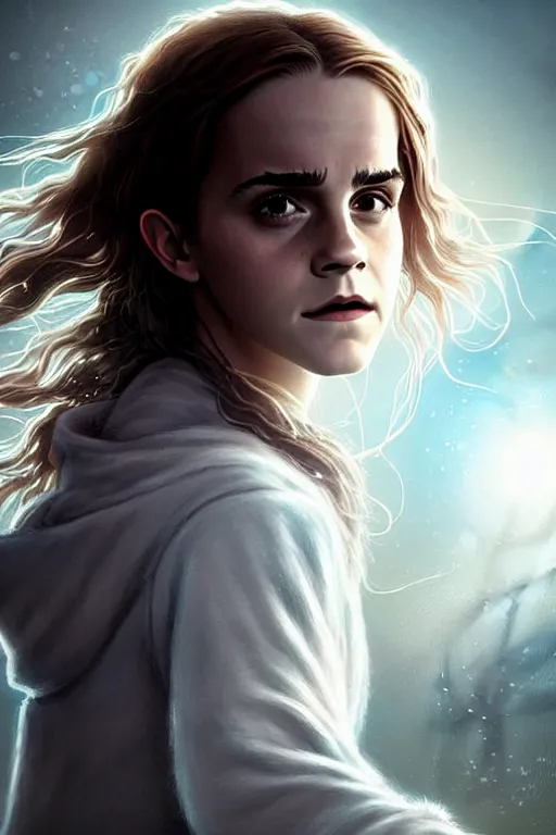 Image similar to Poster artwork, Emma Watson as Hermione Granger, fading, dissolving into light, vanishing, magnificent, medium shot, close up, details, sharp focus, elegant, highly detailed, illustration, by Jordan Grimmer and greg rutkowski and PiNe(パイネ) and 薯子Imoko and 香川悠作 and wlop!! and maya takamura, intricate, beautiful, Trending artstation, pixiv, digital Art