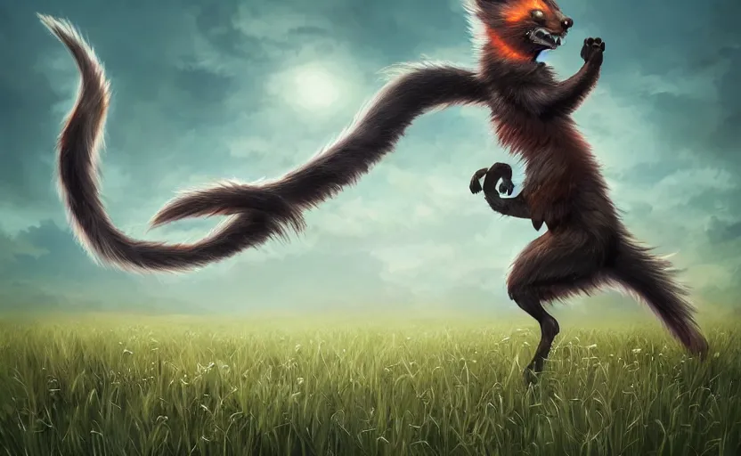 Prompt: A kamaitachi magical creature in a field, beautiful, cool dynamic lighting, atmospheric, cinematic, highly detailed digital art, painted by Scott Musgrove