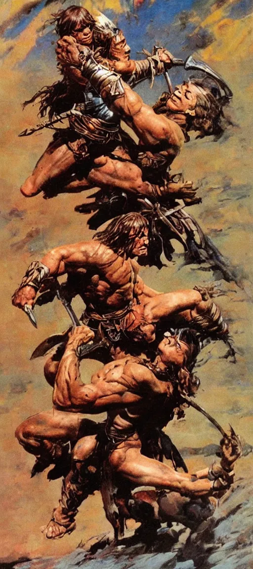 Prompt: Conan the barbarian rescuing damsel in distress by Frank Frazetta