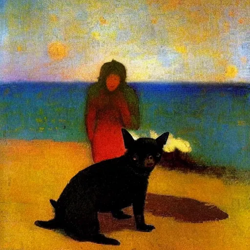 Image similar to a woman and her black chihuahua by the sea odilon redon