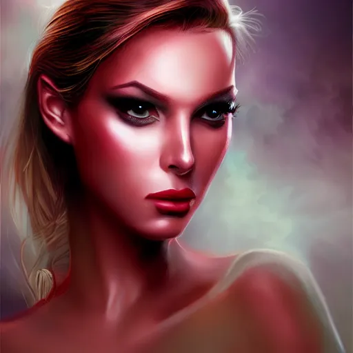 Image similar to portrait of a robert palmer video vixen model, D&D, beautiful, realistic, cinematic lighting, fantasy digital painting